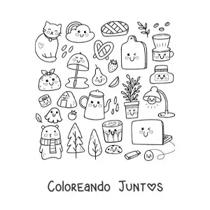 Imagen para colorear de gato y cosas de hogar kawaii