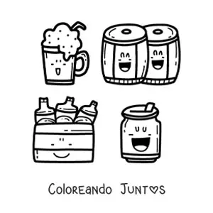 Imagen para colorear de cerveza y barriles kawaii