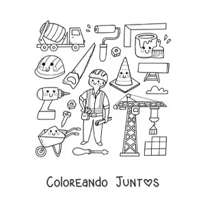 Imagen para colorear de obrero y elementos de construcción kawaii