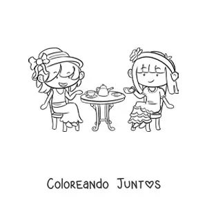 Imagen para colorear de niñas kawaii tomando té en una mesa