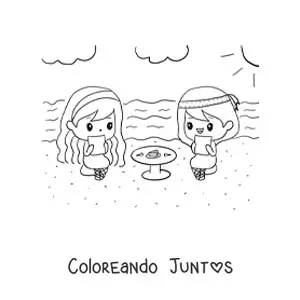 Imagen para colorear de niñas kawaii merendando en una mesa redonda