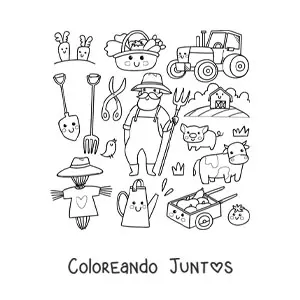 Imagen para colorear de granjero y cosas kawaii animadas