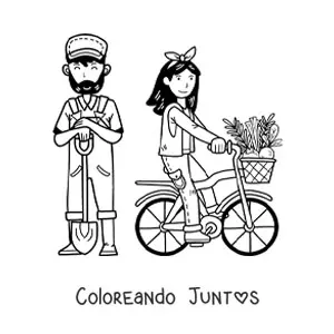 Imagen para colorear de pareja de granjeros kawaii