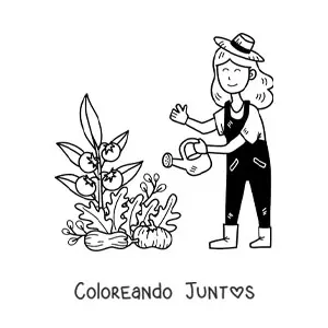 Imagen para colorear de granjera kawaii regando planta de tomate