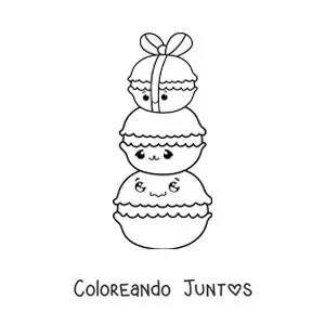 Imagen para colorear de tres macarones kawaiis, uno encima del otro con un lazo