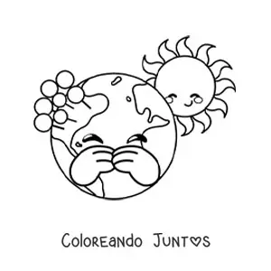 Imagen para colorear de planeta Tierra kawaii animado con el Sol
