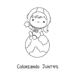 Imagen para colorear de niña astronauta kawaii sentada en el planeta Tierra