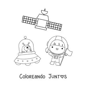 Imagen para colorear de niña astronauta kawaii con extraterrestre y satélite