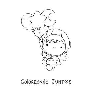 Imagen para colorear de niña astronauta kawaii flotando con globos de estrellas