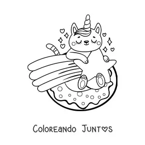 Imagen para colorear de gato unicornio en estrella fugaz