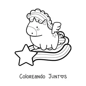 Imagen para colorear de pegaso kawaii sobre estrella fugaz
