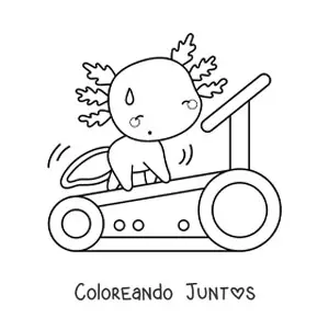 Imagen para colorear de ajolote kawaii animado ejercitando en una caminadora
