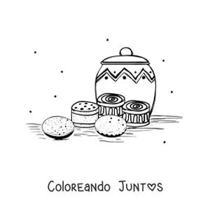 Imagen para colorear de galletas y dulces en una mesa con un frasco decorado en el fondo