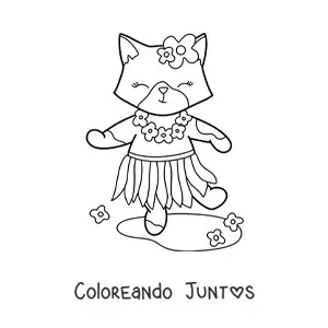 Imagen para colorear de gatita kawaii animada con falda de hawaii y flores