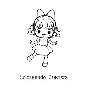 Imagen para colorear de niña kawaii animada con lazo y vestido elegante