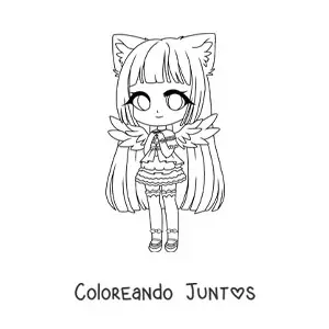 Imagen para colorear de chica fashion kawaii chibi con disfraz de gato y ángel