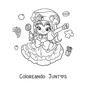Imagen para colorear de chica fashion kawaii chibi repostera con traje de dulces