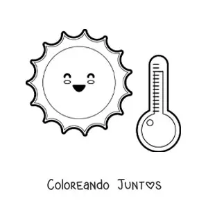 Imagen para colorear de Sol kawaii animado en un día caluroso con termómetro