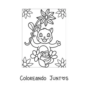 Imagen para colorear de gato animado kawaii con flores de primavera