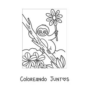 Imagen para colorear de pereza animada kawaii con flores de primavera