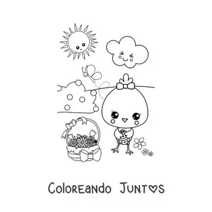 Imagen para colorear de pollito kawaii en primavera