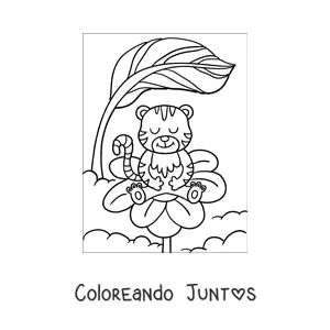 Imagen para colorear de tigre kawaii animado en flor de primavera