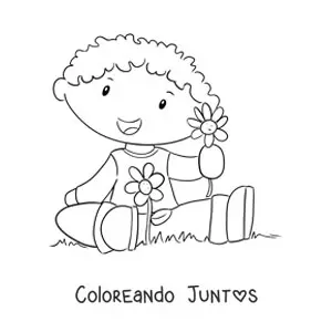 Imagen para colorear de niño kawaii en el campo en primavera