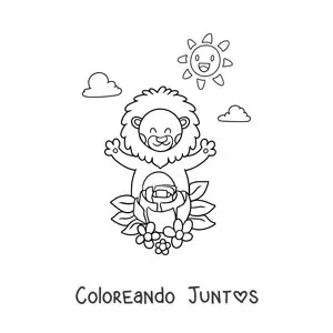 Imagen para colorear de león animado kawaii con flores de primavera