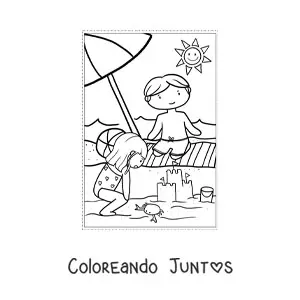 Imagen para colorear de niños kawaii en playa en verano