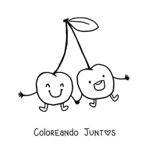 Imagen para colorear de dos cerezas kawaiis agarrándose de las manos