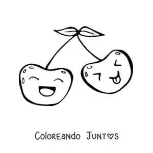 Imagen para colorear de dos cerezas kawaiis sonriendo y sacando la lengua