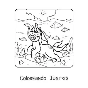 Imagen para colorear de unicornio nadando en el mar