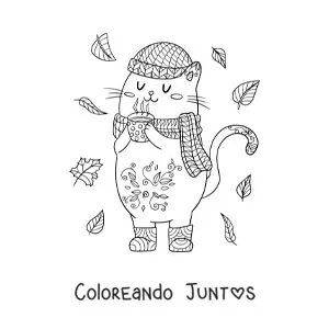 Imagen para colorear de gato kawaii animado en otoño