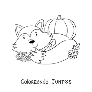 Imagen para colorear de zorro kawaii con hojas de otoño