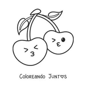 Imagen para colorear de dos cerezas kawaiis lanzando besos