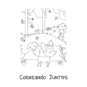 Imagen para colorear de zorro kawaii en bosque de otoño