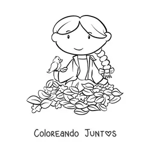 Imagen para colorear de niña kawaii en otoño