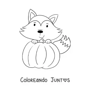 Imagen para colorear de zorro kawaii con calabaza