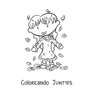 Imagen para colorear de niña jugando con hojas de otoño
