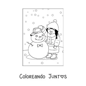 Imagen para colorear de niña kawaii en invierno con muñeco de nieve