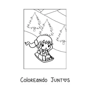 Imagen para colorear de niña kawaii con trineo