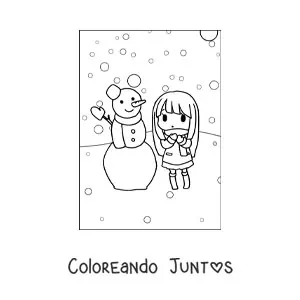 Imagen para colorear de niña kawaii con muñeco de nieve