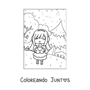 Imagen para colorear de niña kawaii en bosque de invierno