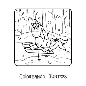 Imagen para colorear de unicornio animado esquiando en invierno