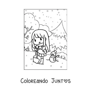 Imagen para colorear de niña kawaii jugando en la nieve