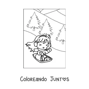 Imagen para colorear de niña kawaii feliz en trineo