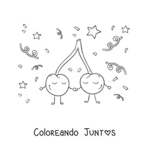 Imagen para colorear de dos cerezas animadas tomadas de las manos con confeti de fondo