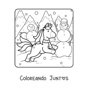 Imagen para colorear de unicornio y muñecos de nieve