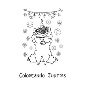Imagen para colorear de primavera en inglés con llama kawaii