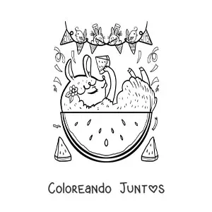 Imagen para colorear de animales kawaii animados comiendo sandía